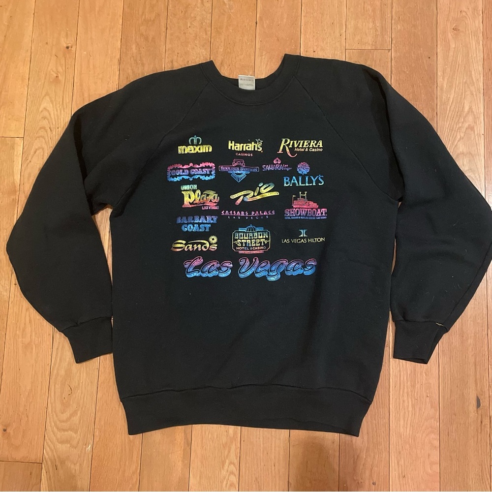 Vintage Las Vegas Casino Graphic Souvenir Black Grey Crew Neck Sweatshirt